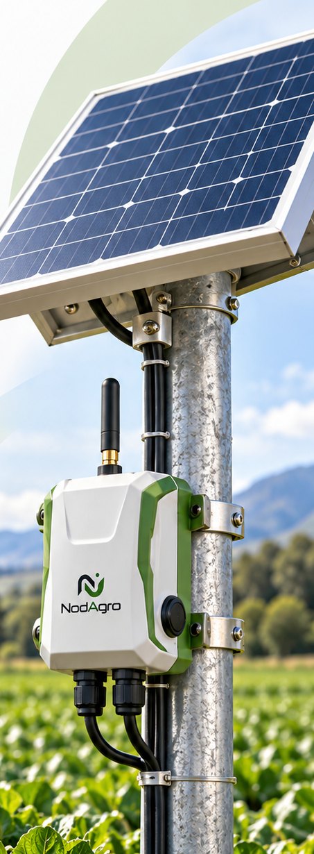 Nodo NodAgro instalado en un poste junto a su panel solar, en medio de un cultivo