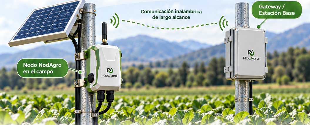 Nodo NodAgro con panel solar comunicándose de forma inalámbrica de largo alcance con el gateway o estación base, en un campo de cultivo